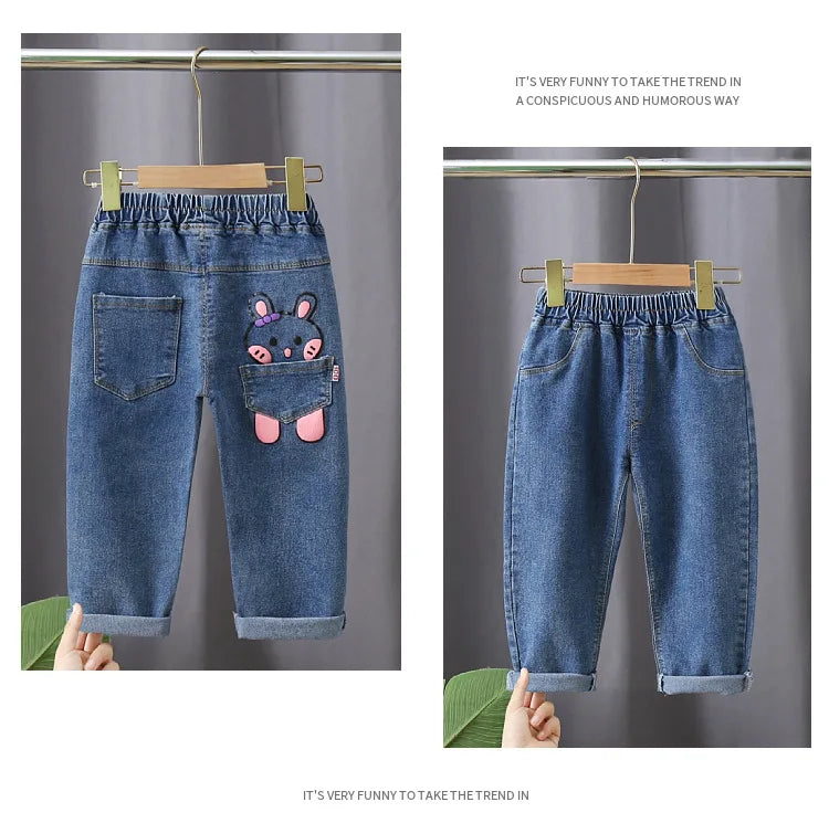 Kids Girl Jeans Floral Cartoon Long Pants Spring Autumn Graffiti Painting Print Casual Trousers with Hole Children Denim Pants