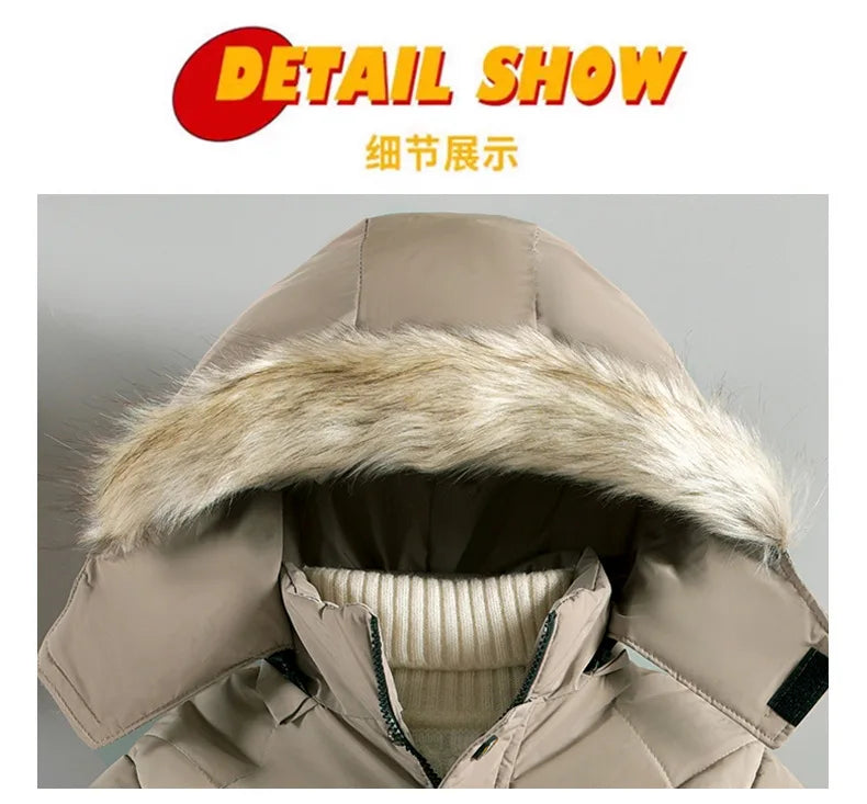 2024 Winter New Boys Jacket Solid Color Lining Plush Keep Warm Fur Collar Hooded Zipper Outerwear For 4-10Y Teen Kids Snowsuit