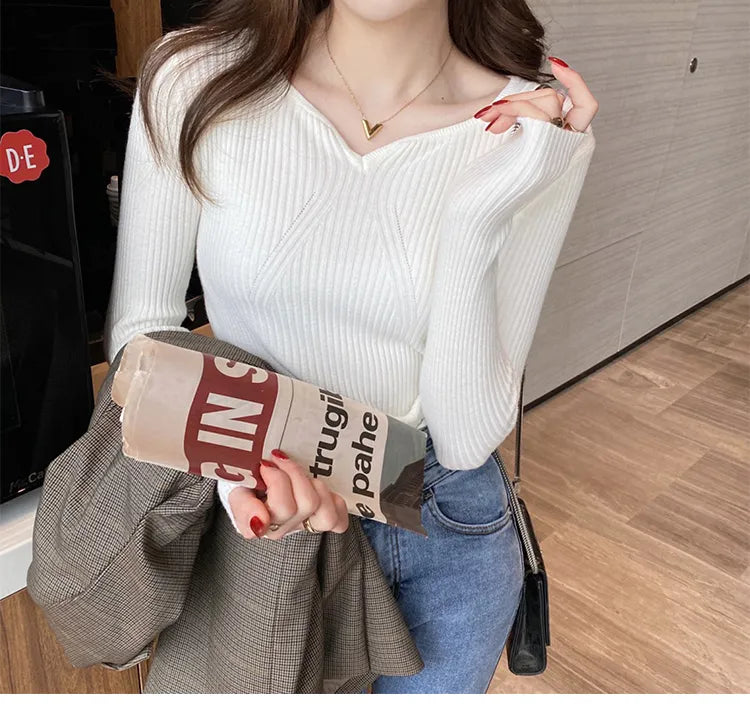 ITOOLIN Women Slim V-Neck Bottoming Sweater Autumn Winter For Women Casual Pullovers Long Sleeve Knit Warm Office Sweater 2024