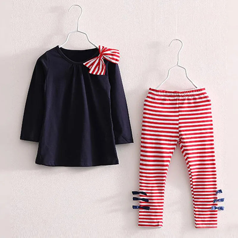 2023 New Children's Sportswear Girls' Autumn/Winter Set Bow Tie Decal Top+Striped Pants Set Girls' Children's Clothing 3-7Y