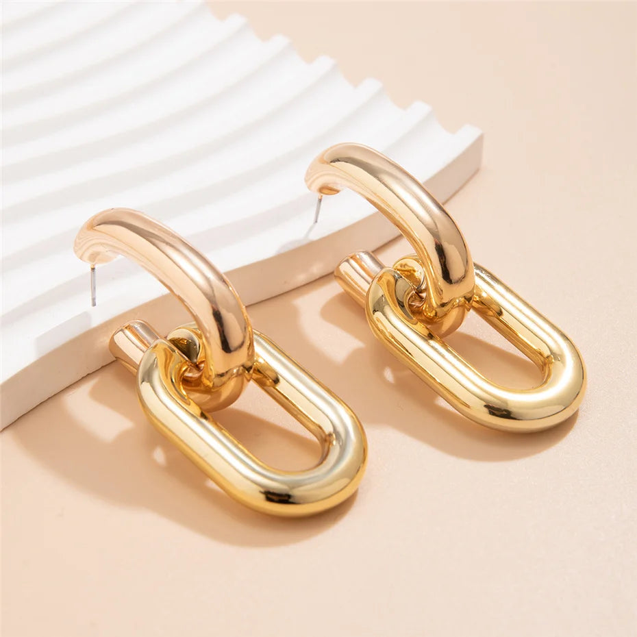 Ingemark Vintage Geometric U-Shape Link Drop Earrings Women Trendy Punk Metal Round Circle Piercing Earrings Jewelry Accessories