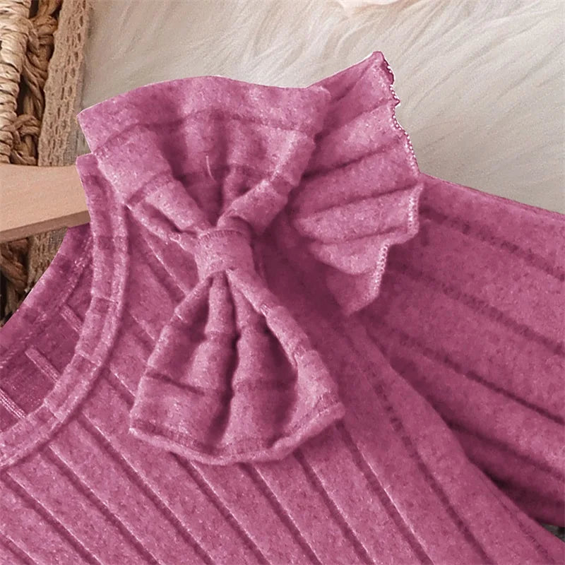 3-8Y Kids Girls Knit Dress Solid Color Bowknot Round Neck Long Sleeve Casual Dress Fall Winter Kids Princess Warm Dresses