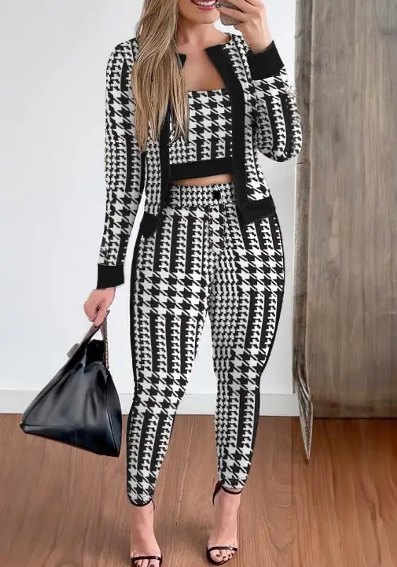 Sets Outifits Women 2024 Spring Autumn 3 Piece Set Plaid Print Crop Top & Pants Set With Coat Fashion Casual Elegant Female Set