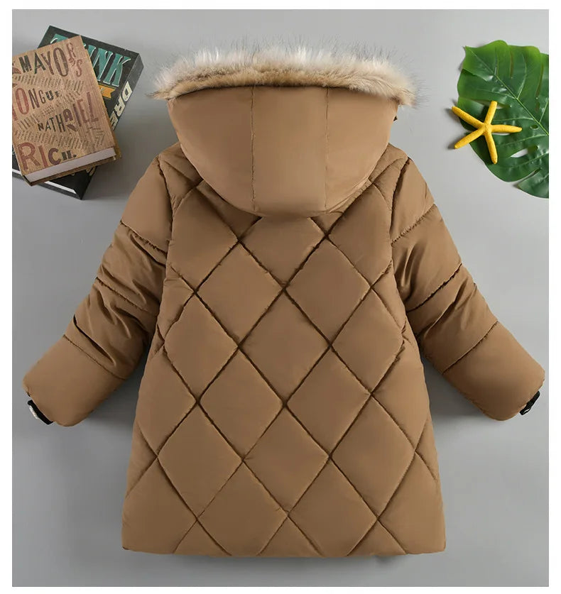 2024 Winter New Boys Jacket Solid Color Lining Plush Keep Warm Fur Collar Hooded Zipper Outerwear For 4-10Y Teen Kids Snowsuit