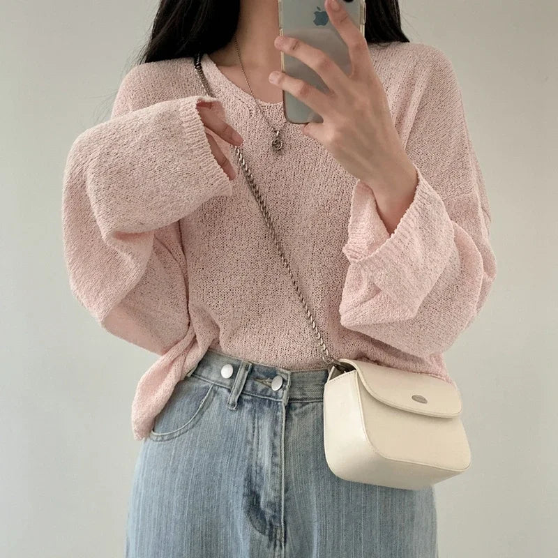 ITOOLIN Women V-Neck Loose Knitted Sweaters Long Sleeve Solid Casual Pullovers Sweater Women Streetwear Spring Autumn 2024