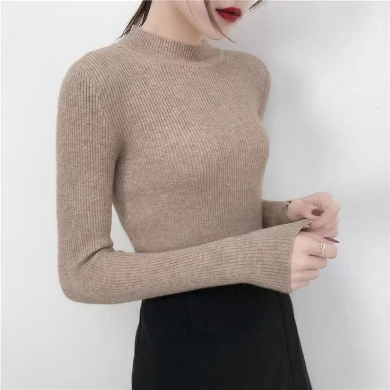 Autumn High Collar Long Sleeve Skinny Elastic Casual Tops Bottoming Sweater Women Basics Knitted Shirts Warm Knitwear Pullovers