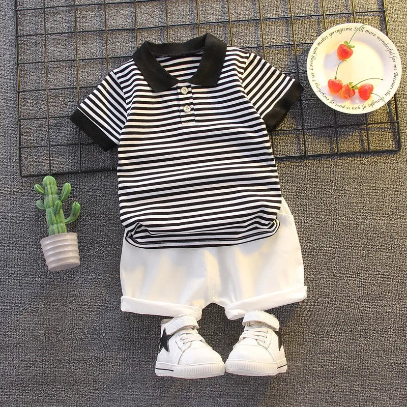 2Piece Sets Summer Outfit Boys Boutique Clothing Korean Fashion Stripe Short Sleeve Cotton Baby Tops+Shorts Kids Clothes BC372