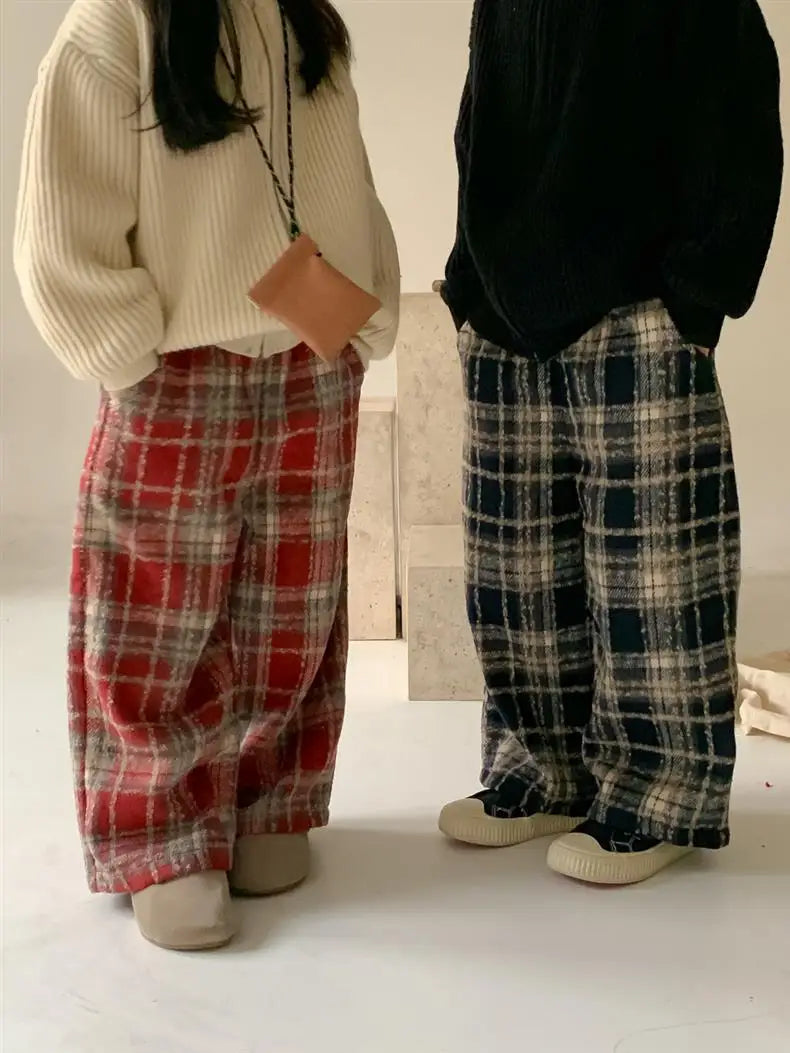 Kids Pants Plaid Printed Wide-leg Pants Winter Clothes for Girls Boy Clothes Boys Autumn and Winter Woolen Pants