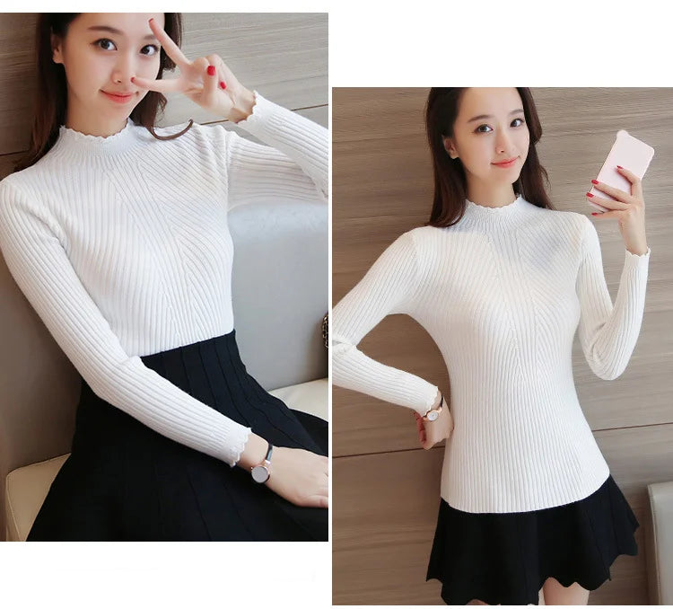 2024 Autumn Women Mock Neck Ruffles Sweater Long Sleeve Knitted Bottoming Solid Pullovers Stripe Women Casual Sweater Winter