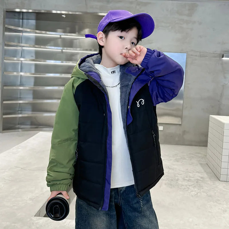 Children's Jackets Winter Parkas for Boys Coats Korean Teen Kids Cotton Velvet Padded High Quality Outerwear Pocket Hooded Coats