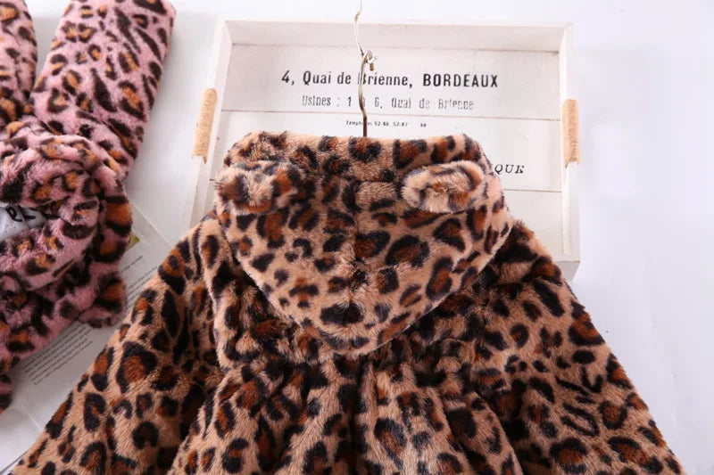 Autumn Winter Plush Baby Girls Jacket Fashion Leopard Print Warm Faux Fur Coat For Girls Hooded Outerwear 2-8 Years Kids Clothes