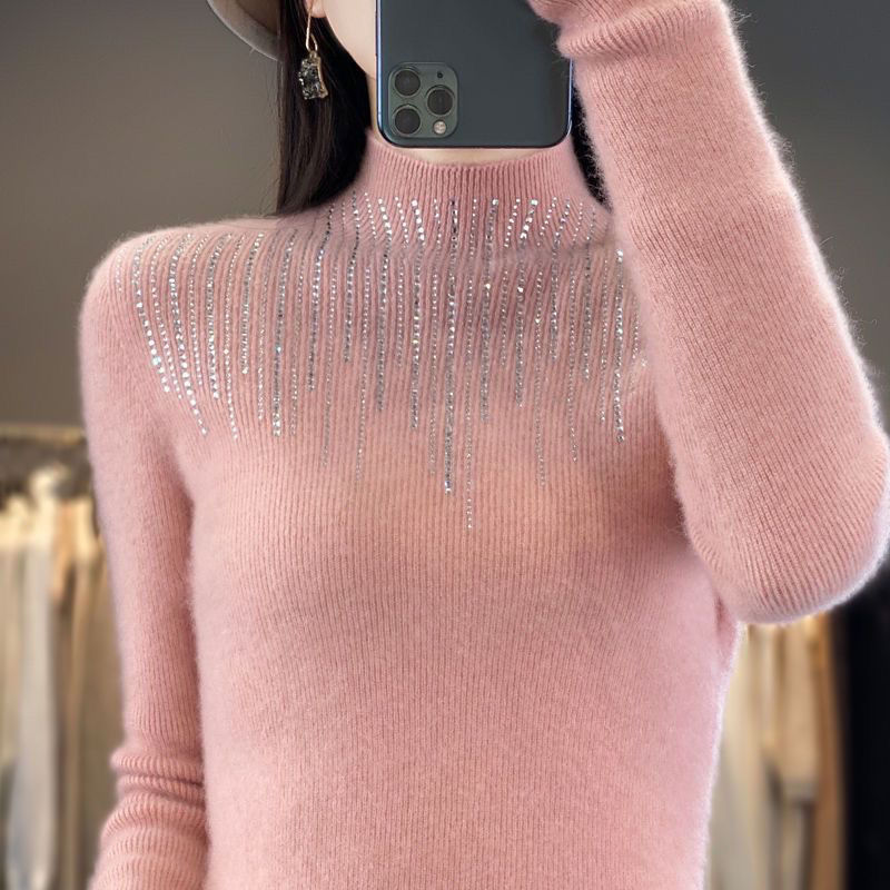 Hot Diamond Half High Neck Sweater Women's Pullover Autumn and Winter New Fit Versatile Warm Knitted Sweater Women