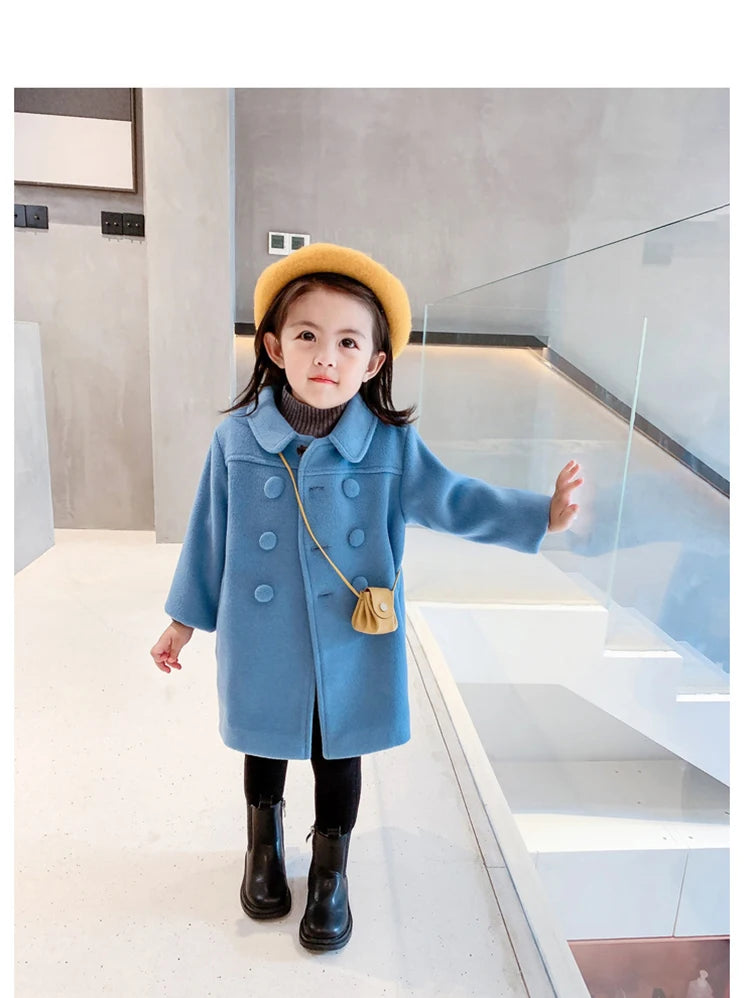 1-7 Years Girls Wool Coats New Fashion Korean Version Long Kids Jacket Spring Autumn Double Breasted Children Outerwear Clothing