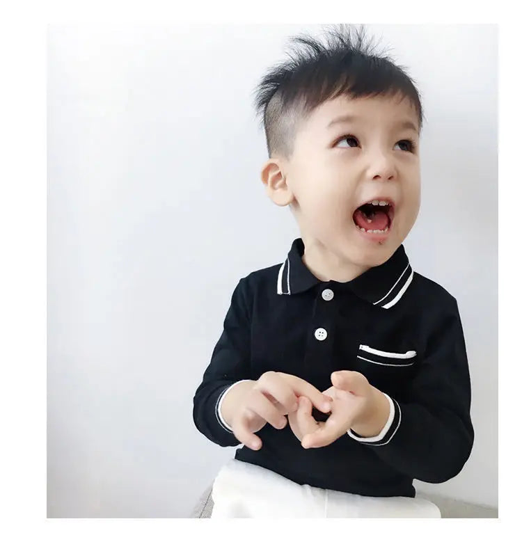 Boys Clothing Lapel Cotton Long Sleeve Spring New Korean Version Versatile Spliced Pocket Solid Color Kids Fashion Polo Shirt