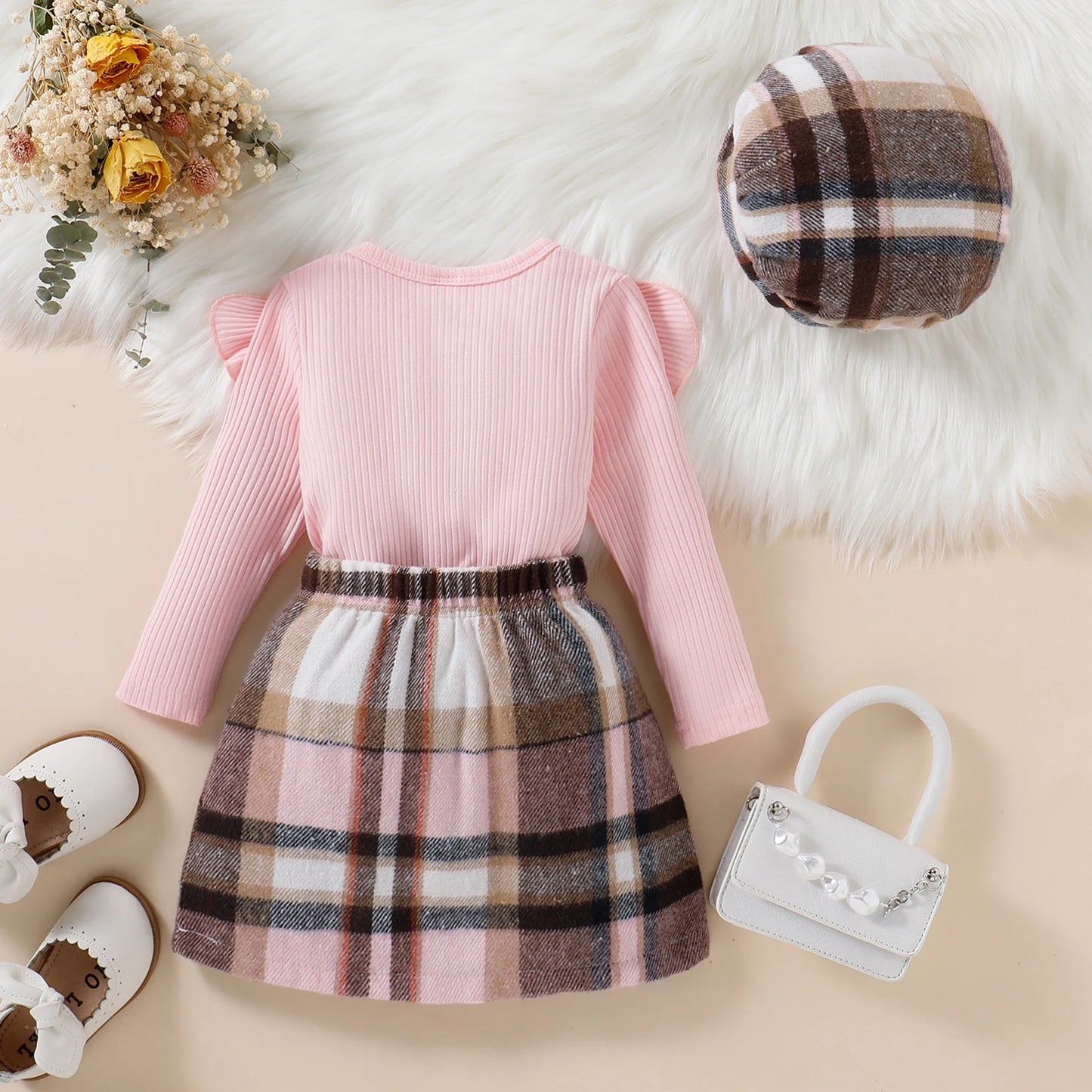 3PCAutumn 1-4 Years Old Girl Baby Fashionable Foreign Style Round Collar Pink Color Pit Strip Long-Sleeved Top + Plaid Skirt Hat