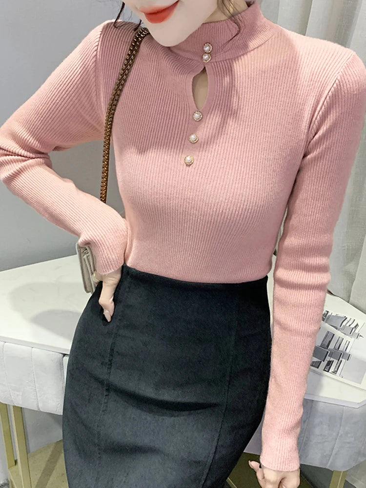 Autumn Winter Pullovers Women Hollow-out Sweaters Long Sleeve Half High Collar Sweater Female Slim Korean Knitwears Tops 2024