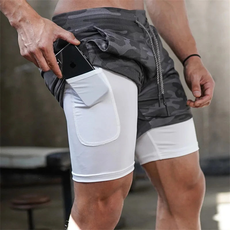 Men GYM 2 In 1 Compression Shorts Summer Anime Print Training Workout Male Fitness Sport Shorts Running Hiking Sportswear