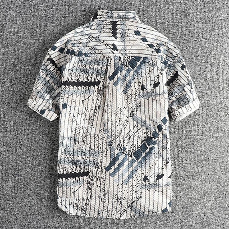 Men's Trendy Vintage Print Hawaiian Vacation Style Button Down Shirt 2024 Summer Youth Casual Short Sleeve Pocket Loose Y2K Tops