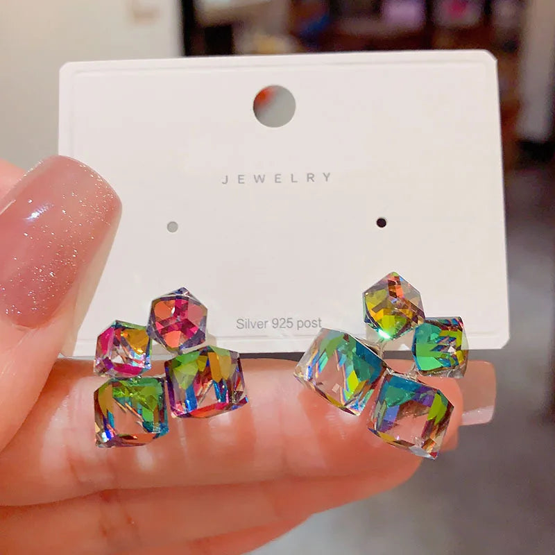 Design Fantastic Colorful Crystal Geometric Square Earrings with Different Angles and Colors Unusual Jewelry for Women or Girls