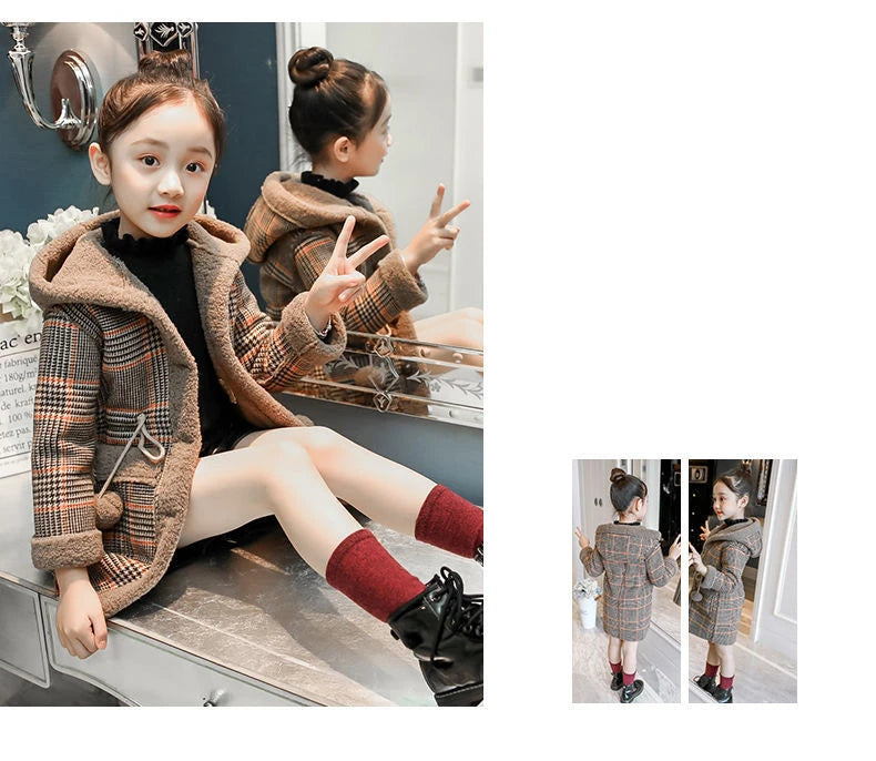 4-15 Year Children Outwear Winter for Girl Plaid Thicken Woolen Jacket Coat Teenage Kids Outfits Wool Long Outerwear Warm Fleece