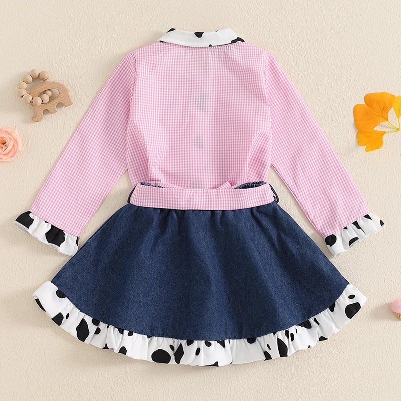 Fall Kids Clothes Girl Fashion Cow Print Plaid Lapel Neck Ruffled Long Sleeve Button-up Shirt Denim Skirt Children Clothing