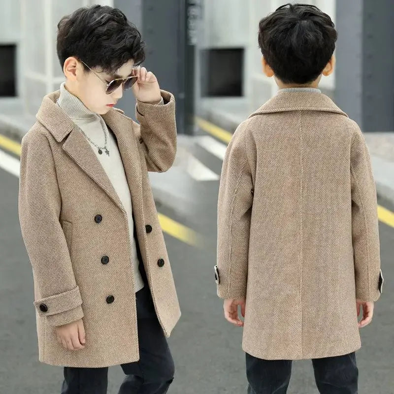 Boy's thousand-bird check coat 2024 autumn  winter new Zhongda children's woolen plus fleece thick coat trench coat for children