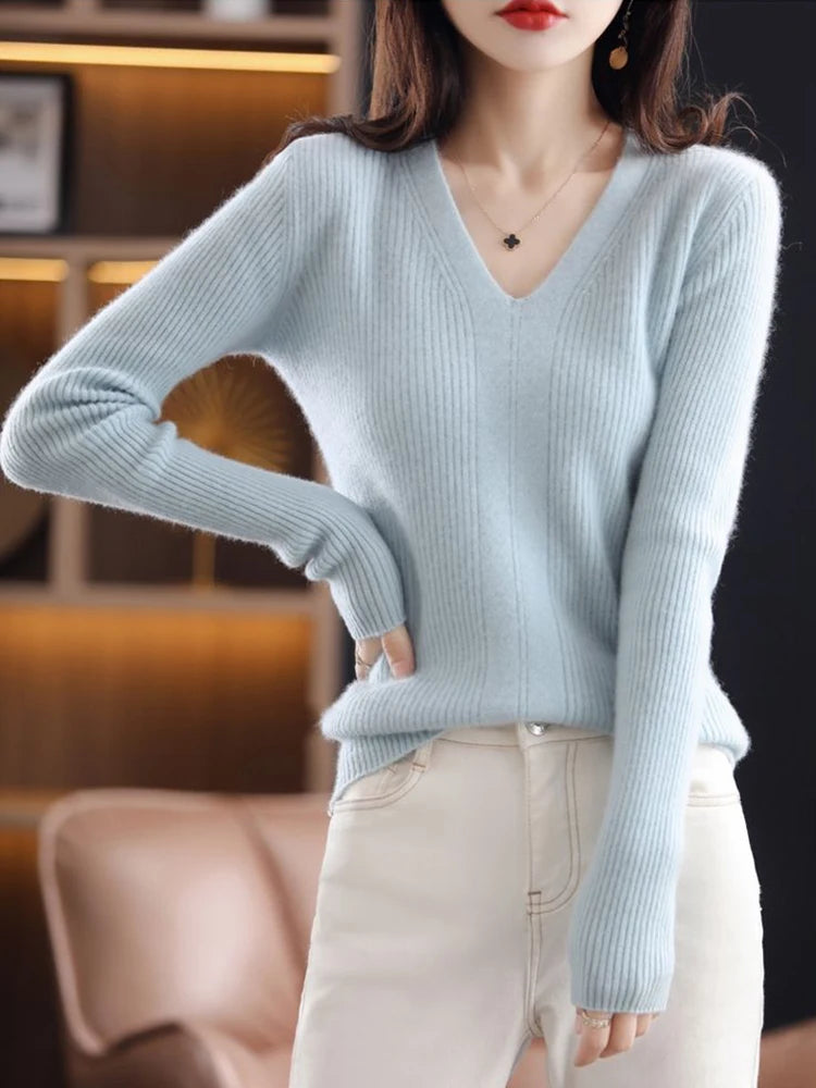 Women Wool V-neck Sweater Bottoming Jumpers Solid Autumn Winter Soft Warm Woman Sweater Knitted Basic Slim Pullovers Tops