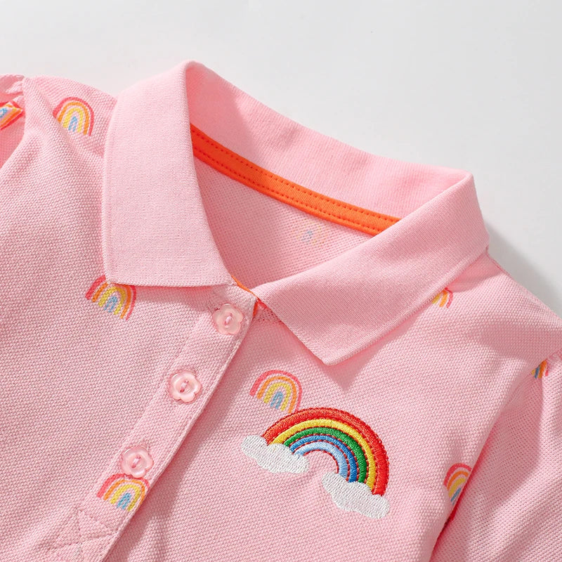 Little maven 2024 New Autumn Baby Girls Long Sleeves Pink Polo Rainbow Dress Cotton with Lovely Casual Clothes for Kids 2-7 year