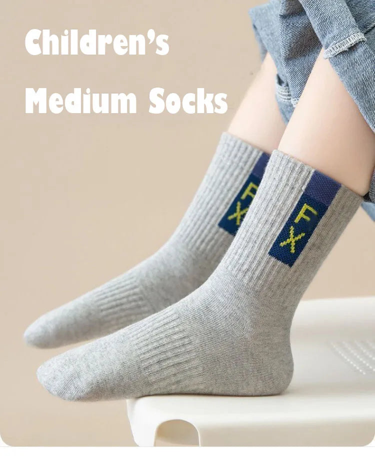 5 Pairs Children's Socks Autumn Mid-calf Length Cotton Socks Kids Boys Sporty Socks Crew Sock