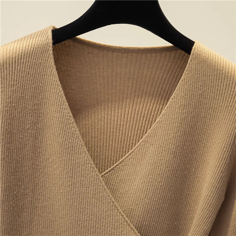 Surplice Sweater for Women Pullovers Ribbed Knit V-Neck Long Sleeve Button Side Plain Jumper Teen-girl Fall Winter Basic Outfit