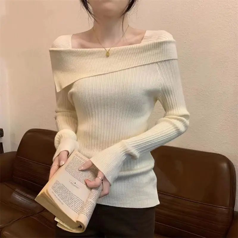 Women Slim Off Shoulder Knit Sweater Slash Neck Long Sleeve Knitwear Jumpers Office Sweater For Women 2023 Autumn Winter