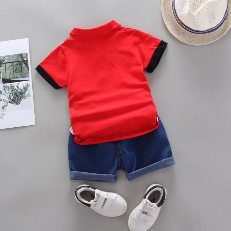 Boys Summer Shorts Set Lapel Patchwork Crown Short Sleeve Denim Shorts Two-Piece Set 0-6 Years Old Boys Children's Sets