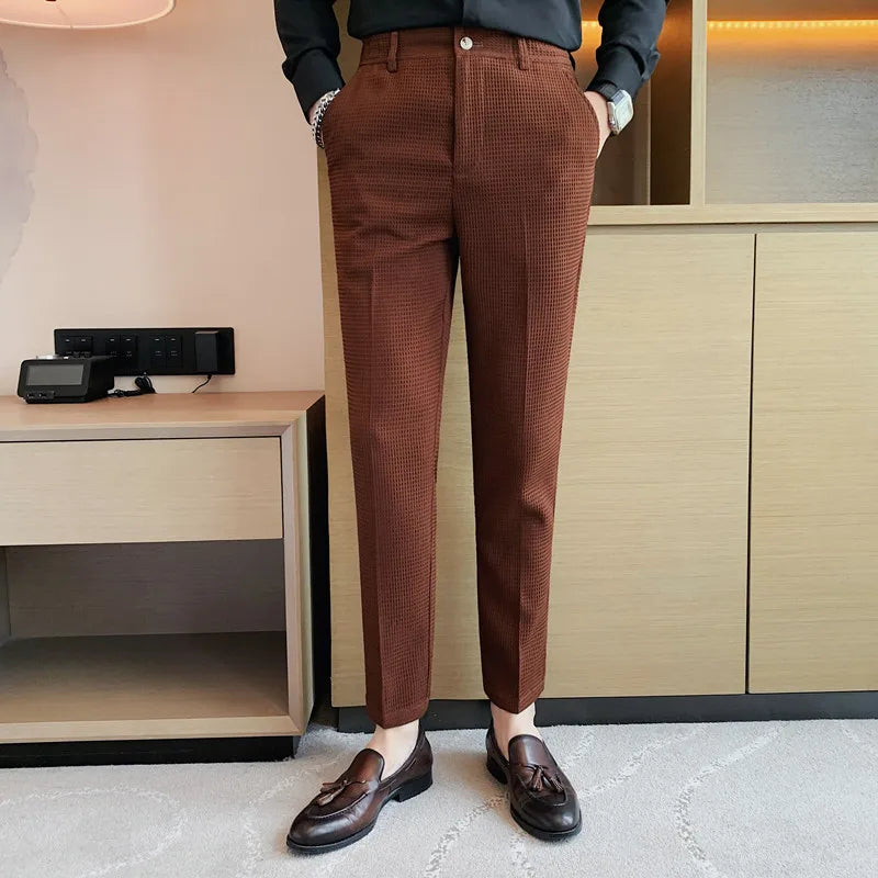 Suit Pants Autumn Winter Fashion Waffle Dress Pants For Men Clothing Business Casual Slim Fit Men's Formal Trousers High Quality