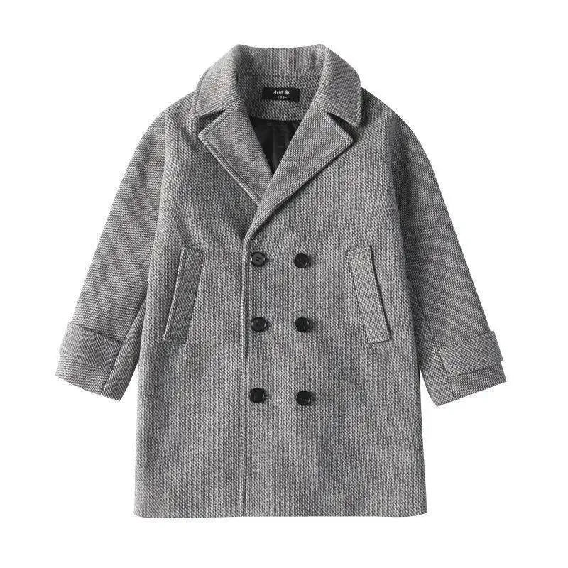 Boy's thousand-bird check coat 2024 autumn  winter new Zhongda children's woolen plus fleece thick coat trench coat for children