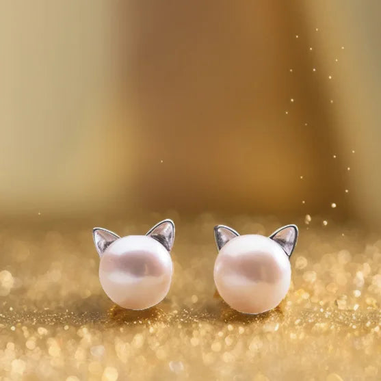 2024 Fashion Earings Jewelry Silver Color Small Pearl Cat Stud Earrings for Women Girls Summer Flower Earring