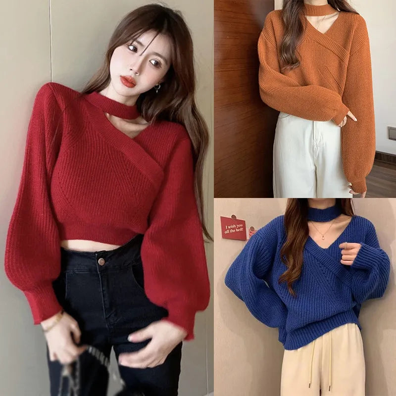 Women Christmas Sweater Autumn Winter Long Sleeved Sweater  Warm V-neck Off Shoulder