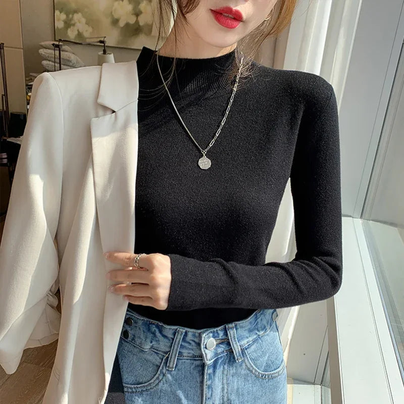 Autumn Turtleneck Sweater Women Fashion Stretch Tops Women Knitted Pullovers Long Sleeve Bottoming Knitted Sweater