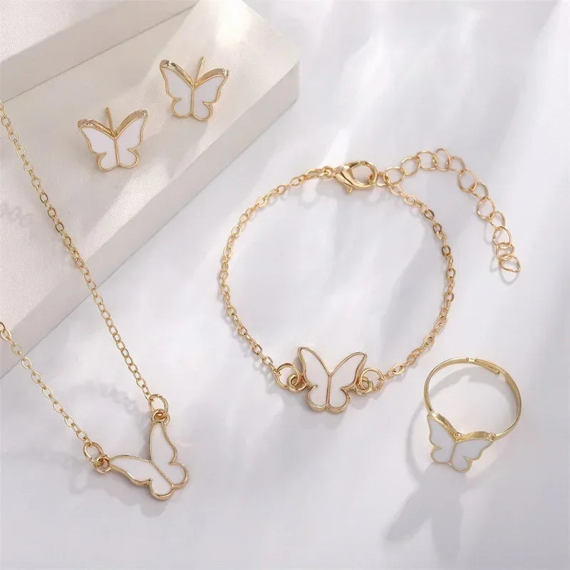 4Pcs Butterfly Jewelry Sets Pink White Romantic Bracelet Ring Necklace Earrings Set Wedding Dress Accessories Women Xmas Gift