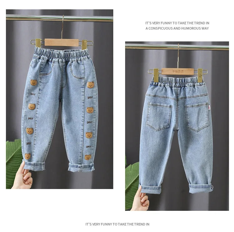 Kids Girl Jeans Floral Cartoon Long Pants Spring Autumn Graffiti Painting Print Casual Trousers with Hole Children Denim Pants