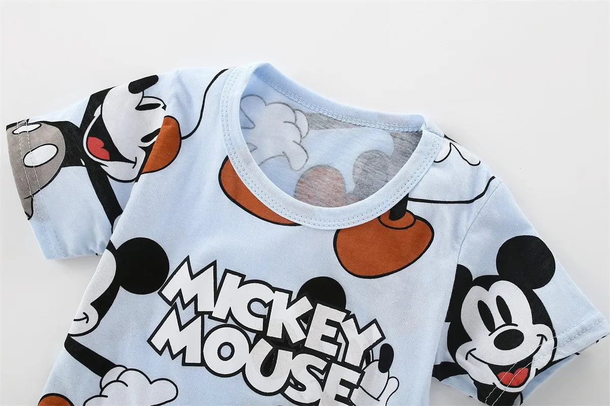 2024 Summer New Disney Mickey Boys Tracksuit Short Sleeved Suit Cartoon Fashion Casual Kids Clothing T-shirt + Shorts Outfits