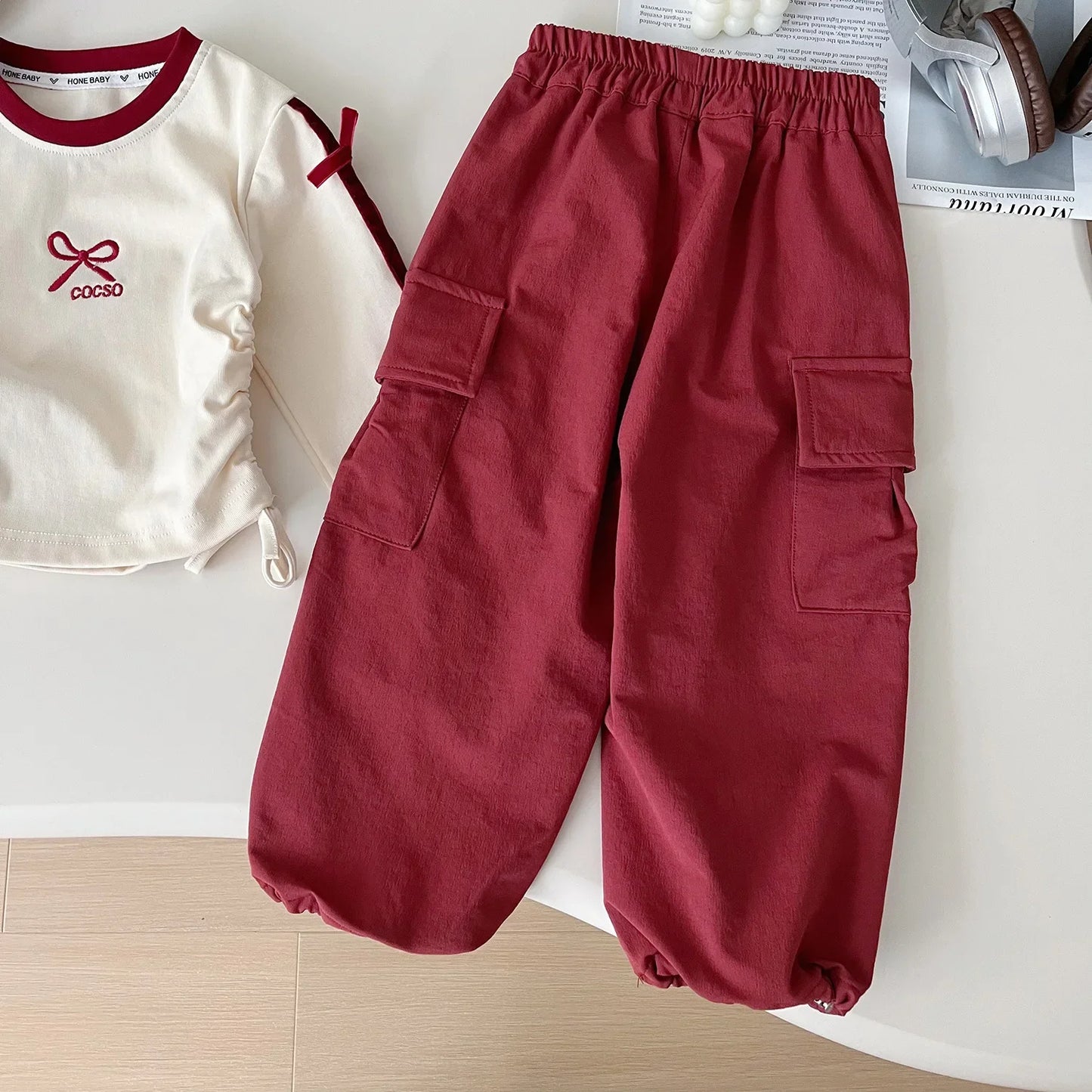 Autumn Girls Two-piece Set Printed Bow Waist Top+Solid Color Cargo Pants Toddler Girl Clothes  Kids  Kids Clothes Girls