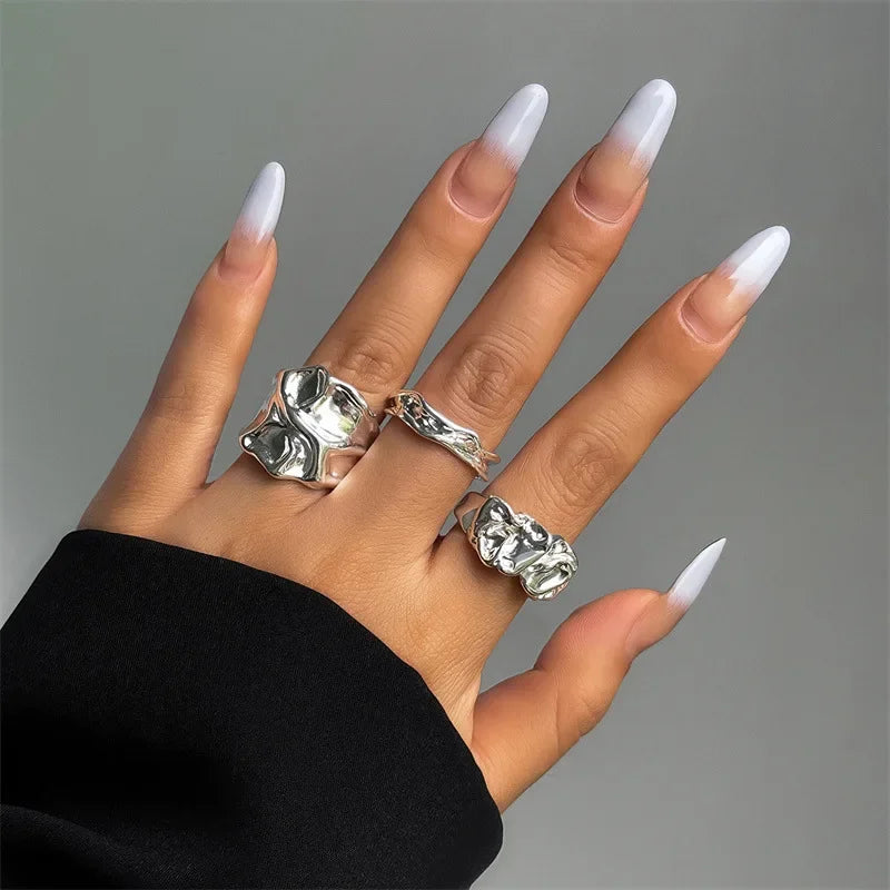 Punk Golden Liquid Rings Set For Women Fashion Irregular Wave Metal Knuckle Rings Aesthetic Egirl Gothic Jewelry Birthday Gifts