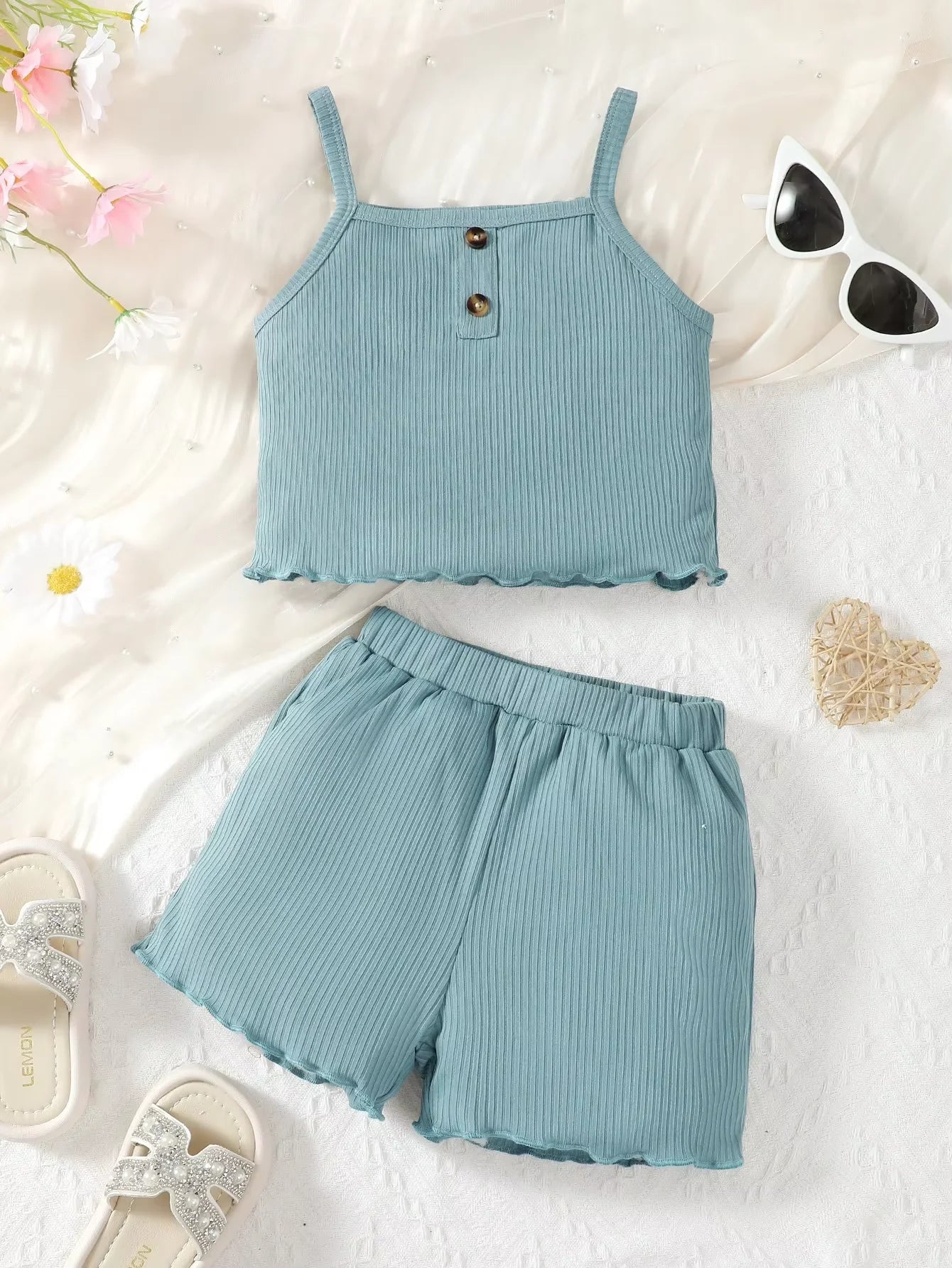 2PCS Kid Girl Daily Clothes Set Solid Color Sleeveless Sling Top+Shorts Summer Fashion Lovely Casual Wear for Children 1-8 Years