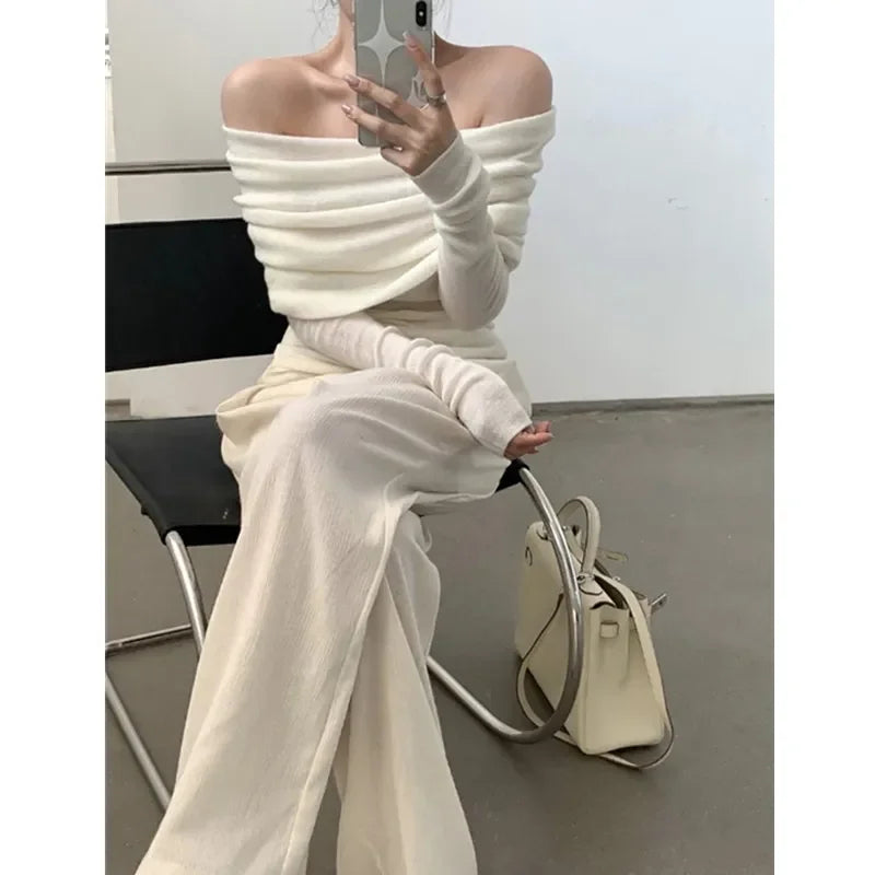 Women Long Sleeve Knitwear Solid Off Shoulder Autumn Thin Pullovers Slash Neck Sweater For Women Office Elegant Tops 2023