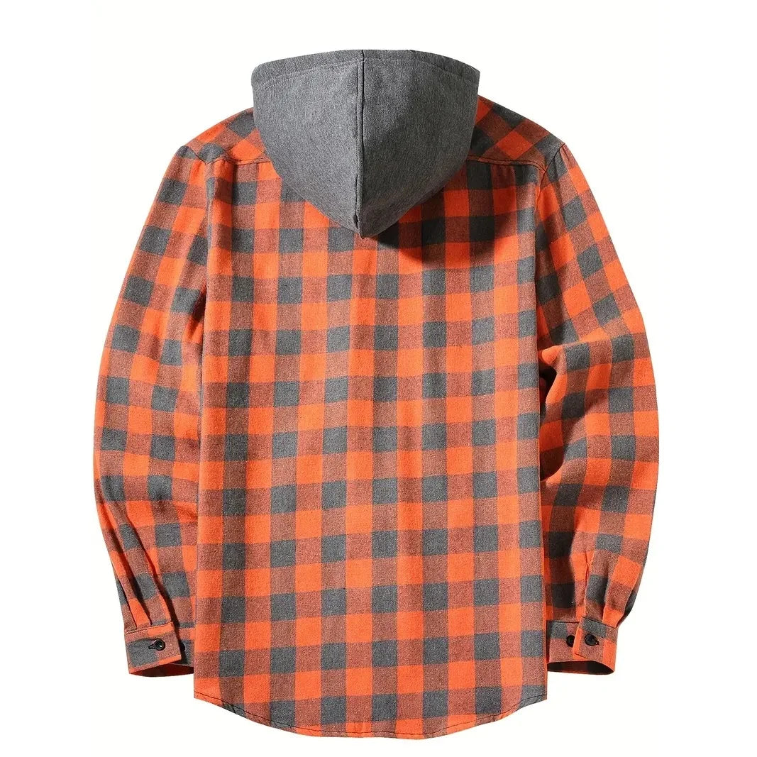 Spring Autumn Men's Hoodies Shirts Classic Plaid Casual Button Down Hooded Long Sleeved Double Pockets Shirt Flannel Jacket Tops