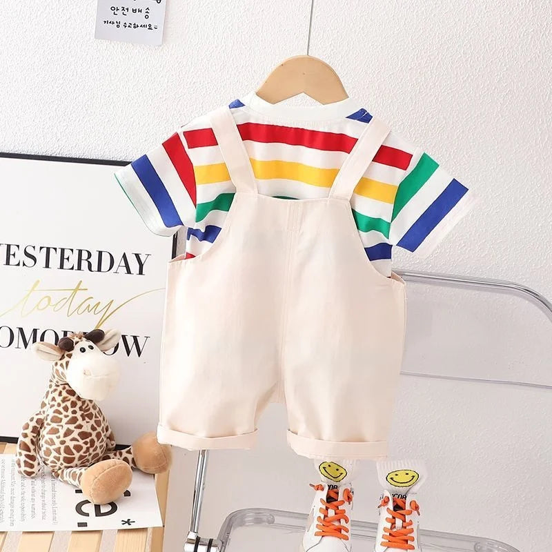 New Summer Baby Girl Clothes Suit Children Boys Fashion Striped T-Shirt Overalls 2Pcs/Set Toddler Casual Costume Kids Tracksuits