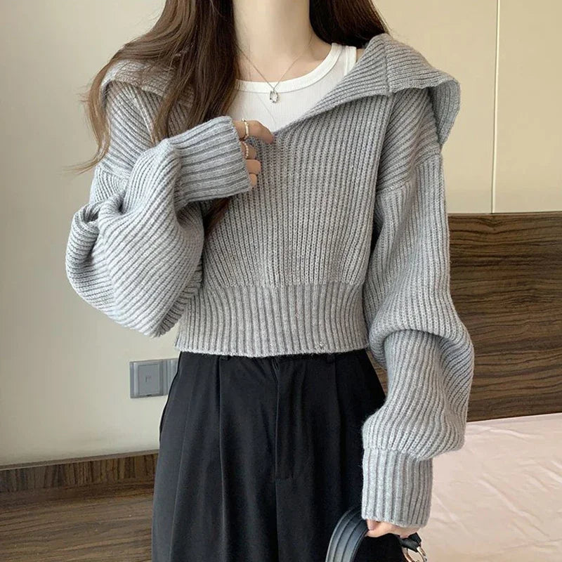 Long Sleeve Cropped Sweater Women Autumn Winter Turn Down Collar Knitted Jumper Woman Korean Style Solid Color Jerseys