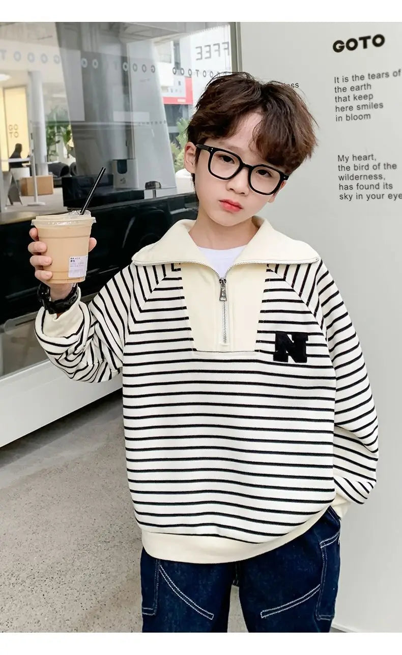 Spring Autumn School Kids Cotton Striped Half Zip Lapel Sweatshirt Boys Pullover Jumper Children Outfits Tracksuit Tops 3-14 Yrs