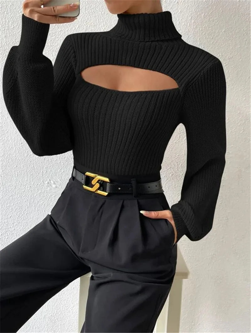 Chest Hollowed-out Sexy Sweater Design Sexy Loose Matching Sweater Fall Winter Turtleneck Hollowed-out Sweater Women Wear Top