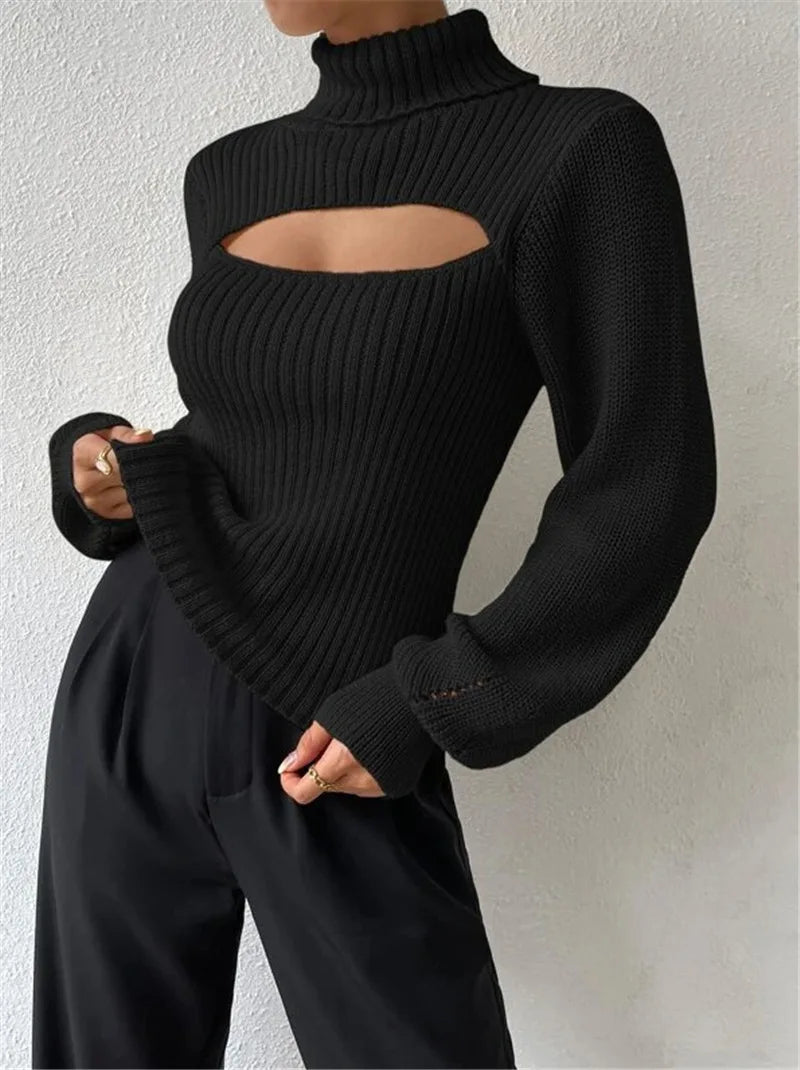 Chest Hollowed-out Sexy Sweater Design Sexy Loose Matching Sweater Fall Winter Turtleneck Hollowed-out Sweater Women Wear Top